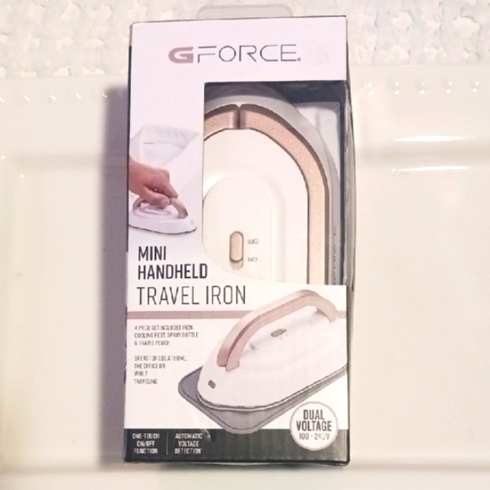 G/FORCE Mini Handheld Travel Iron in White and Rose Gold Trim  Dual Voltage